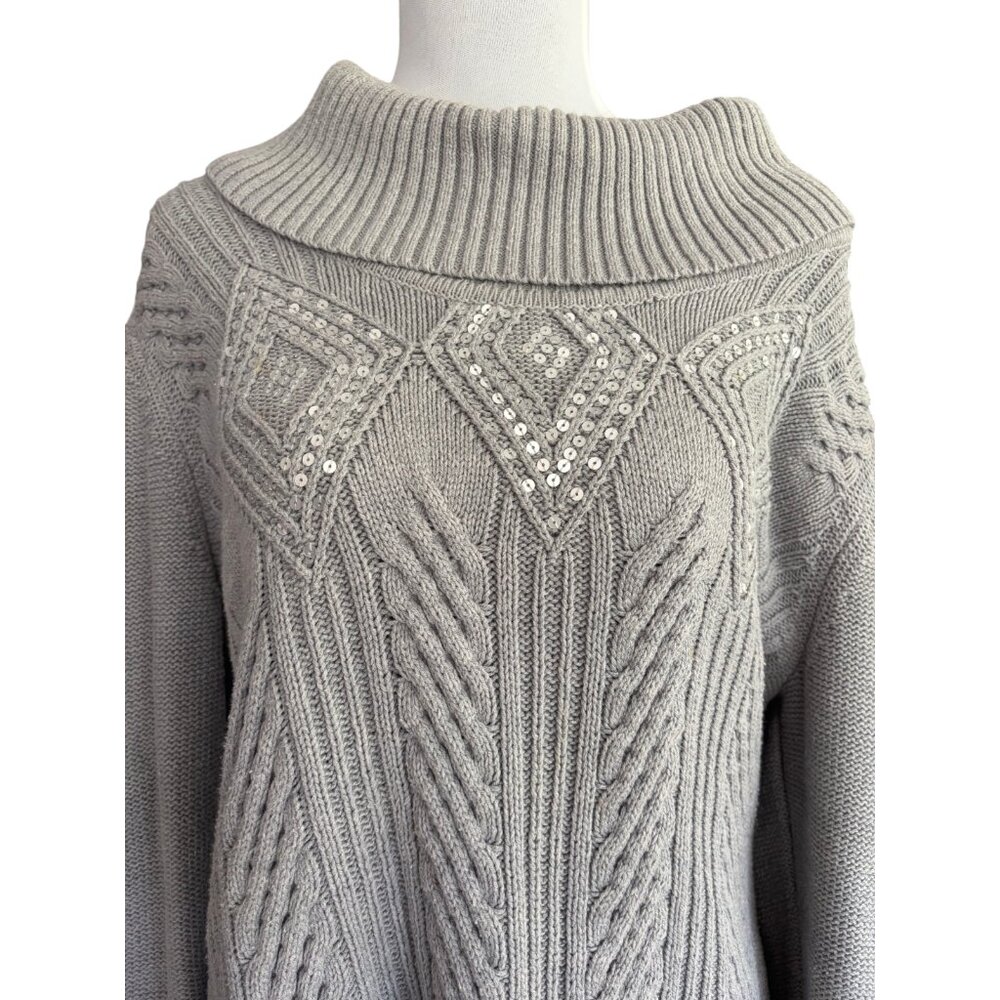 Karen Scott grey‎ sequins cowl neck cable knit pullover sweater sz L